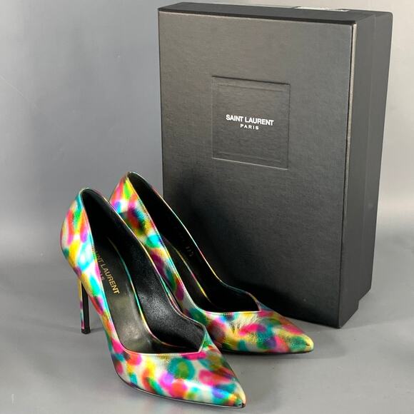 SAINT LAURENT Size 7.5 Metallic Silver Multi Color Leather Stiletto Pumps - Picture 10 of 11